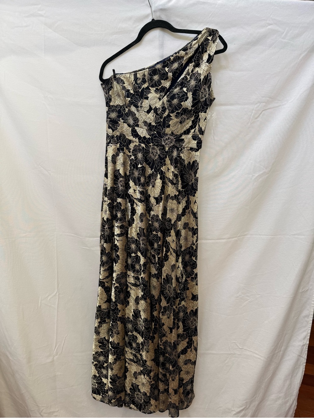 One-Shoulder Black and Gold Floral Maxi Dress